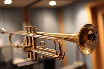 Brass instrument set up in a professional music studio for sound recording and production