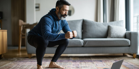 Fit middle-aged man performing squats while following an online workout tutorial on a laptop in a modern living room.