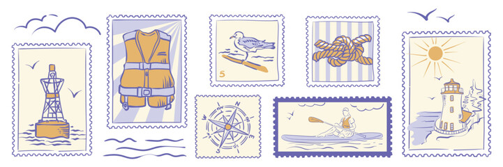 Hand drawn nautical postage stamps set with paddleboard, seagull, sailor knot, compass, life jacket, buoy and lighthouse. Vector illustration. © Natali