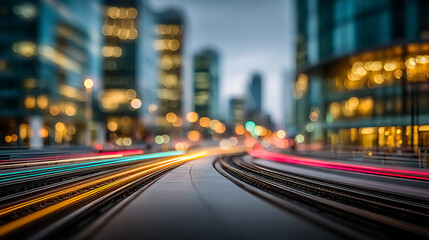 Cityscape Light Trails on Train Tracks - Abstract Urban Motion Blur Background with Bokeh Lights and Modern Architecture