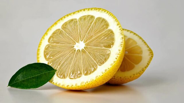 Closeup of Fresh Lemon Halves with Green Leaf on Light Background