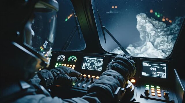 Inside the cockpit of a futuristic spacecraft during a mission.