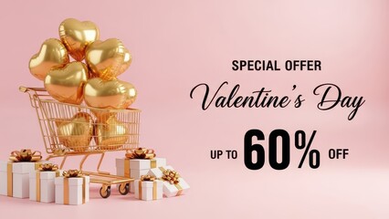 Valentine's Day Shopping Cart Filled with Heart Balloons and special offer up to 65 Percent off