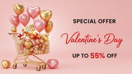 Valentine's Day Special Offer Shopping Cart Filled With Heart Balloons and Gifts with Up to 55 Percent Off Offer