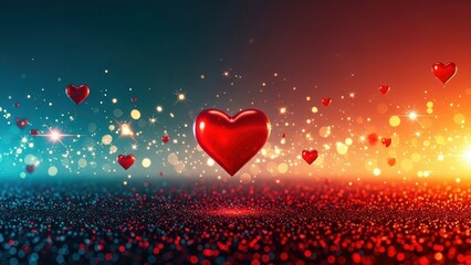 Valentines Day Abstract Dark Red Background with Floating Bokeh Lights and Hearts
