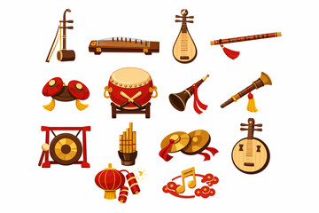 Chinese New Year Icon Pack with Traditional Musical Instruments Flat Style