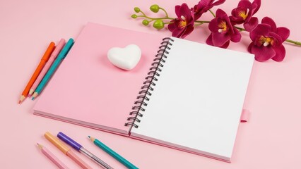Blank notepad, pen and red paper hearts on pink background 