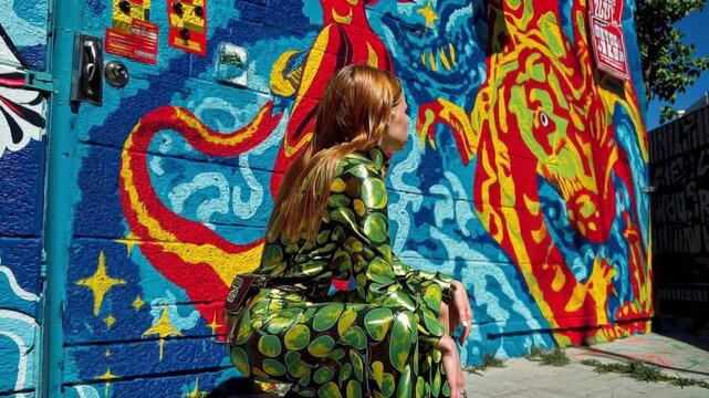 Stylish woman sitting by colorful street art wall in urban scene