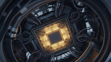 Abstract glowing central processing unit inside a complex futuristic machine.