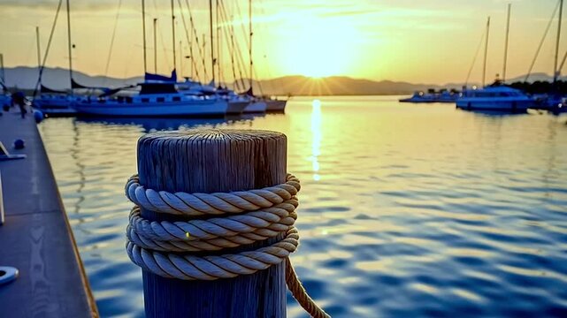 Golden sunlight reflecting on the gentle waves of the sea at a marina during sunset. A close up view of a wooden bollard with a rope, while boats are moored peacefully in the background