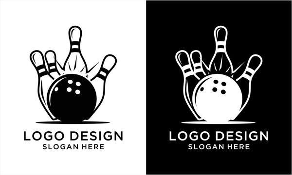 Bowling ball striking pins logo design in black and white.