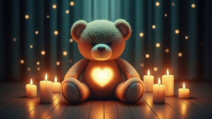 Valentines Day table featuring a teddy bear and glowing roses in soft lighting, vibrant, overlay, indoor decoration