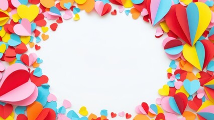 paper hearts scattered on white, ideal for Valentine's Day