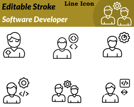 A modern minimalist software developer icon designed in a character style. Depicts a developer working a laptop with code symbols. Brackets gear icons coding software engineering technology solutions.