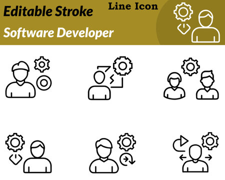 A modern minimalist software developer icon designed in a character style. Depicts a developer working a laptop with code symbols. Brackets gear icons coding software engineering technology solutions.