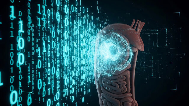 Digital Brain Interface with Binary Code Stream Representing Data Transfer and Artificial Intelligence. - Powered by Adobe