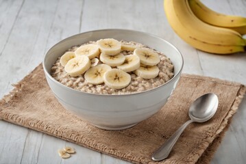 Delicious oatmeal with sliced bananas in a bowl on a rustic table