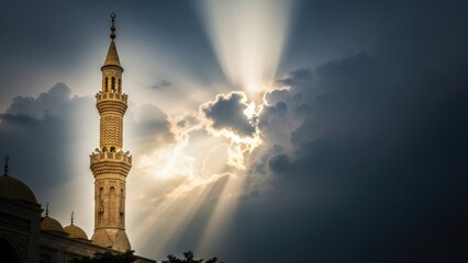 Lighthouse on coast with dramatic sun rays