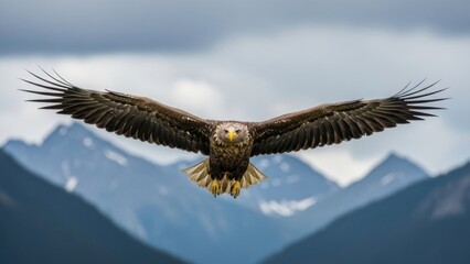 Naklejka premium Owl flying with wings spread over mountains