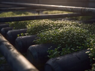 a modern urban garden setup with a hydroponic system showcasing rows of vibrant young seedlings growing in pipes