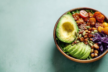 veganuary flat lay, colorful vegan flat lay with vegetable bowl, avocado halves, nuts and seeds, light green background, ample copy space