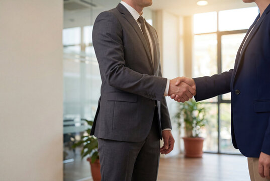 Handshake de negocios en despacho corporativo, colaboraci&oacute;n profesional y firma de contrato