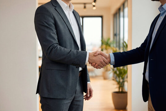 Apret&oacute;n de manos entre ejecutivos en oficina moderna, cierre de acuerdo y alianza empresarial