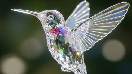 Fototapeta premium Sparkling crystal hummingbird macro with green bokeh