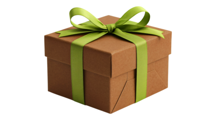 Brown gift box with green ribbon in elegant wrapping on white background for packaging