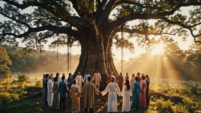 People holding hands around a large tree in a spiritual gathering.
