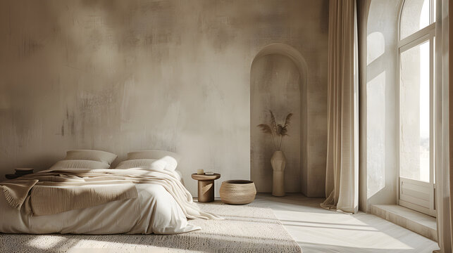 STWO style monochrome bedroom, layered tactile textures, plaster walls, linen bedding, sculptural bedside tables, soft shadows, muted beige palette, quiet luxury aesthetic, ultra realistic interior
