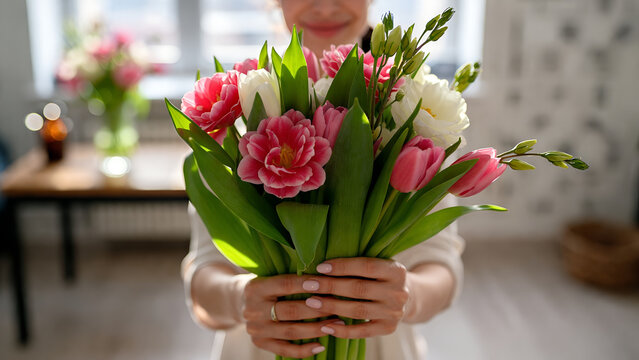 Dynamic young woman dancing freely with pink umbrella in colorful room featuring big red heart wall art, playful joyful energy and vibrant spring mood, happy expression and surreal atmosphere in moder