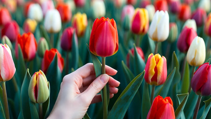 Close-up of woman's hands holding vibrant multicolored tulips bouquet against blurred urban street background, dynamic spring energy, fresh flowers in focus, modern urban floral portrait AI generated