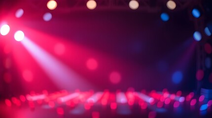 A bright concert stage with purple and pink spotlights creates a glowing bokeh backdrop of colorful circles and glittery light for a night party celebration