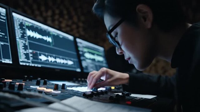 Professional audio engineer working on a complex sound mixing project.