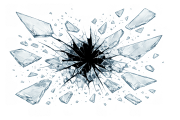 Shattering transparent glass with sharp splinters and a central crack, illustrating destruction and impact