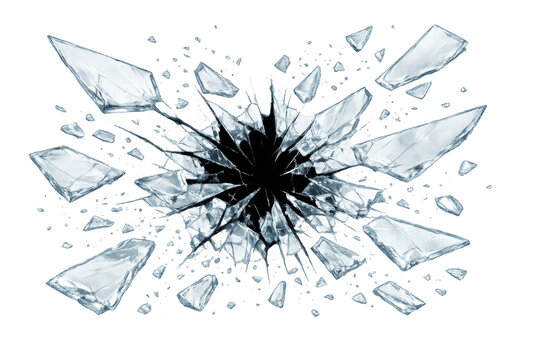 Shattering transparent glass with sharp splinters and a central crack, illustrating destruction and impact
