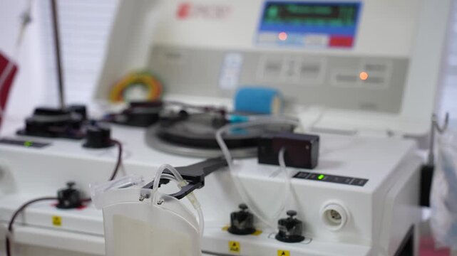 Blood donation. A close-up of blood being delivered to a patient from an apheresis machine during a medical donation procedure.