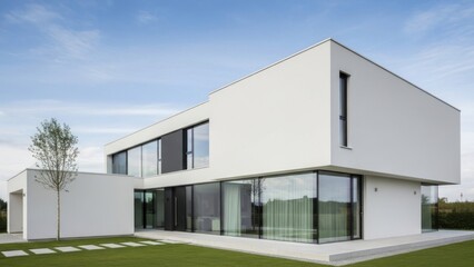 Modern white minimal house with green lawn