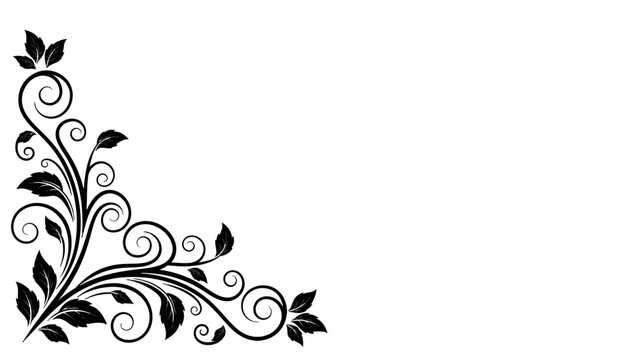 Elegant black floral corner design with swirling leaves and vines.