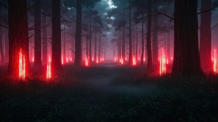 Fototapeta premium Dark forest with eerie red lights and fog at night