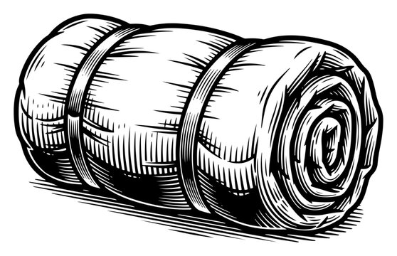 Rolled up sleeping bag or camping bedroll tied with straps in sketch style