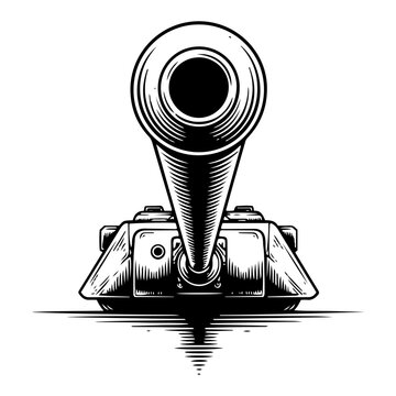 Front view of a military tank with cannon barrel pointing forward in engraving style