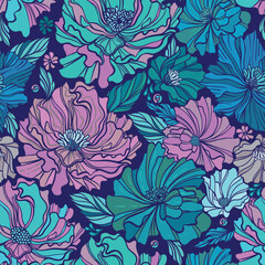 Bright seamless pattern with abstract flowers in fresh color palette. Endless background. Ethnic seamless pattern. Vector backdrop. Summer template.