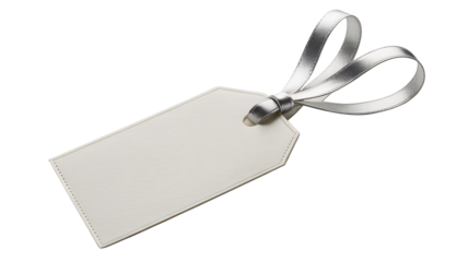 Blank gift tag with silver ribbon in elegant minimalist style on white background for packaging design