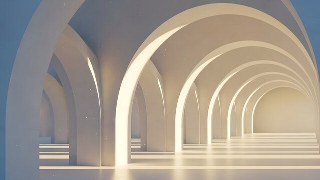 A futuristic corridor with a series of arches and bright lights - Powered by Adobe
