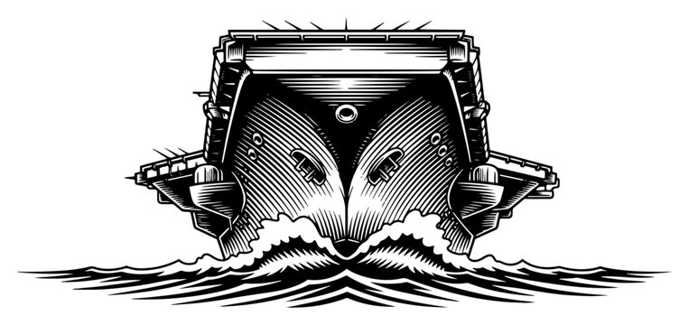 Front view of a large military aircraft carrier sailing on water