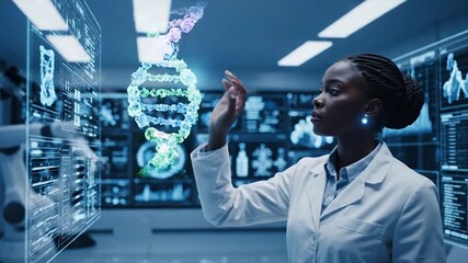 Scientist in a futuristic lab examining DNA structure with robotic assistance. - Powered by Adobe