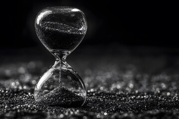 Hourglass on the sand. Black and white picture. The importance of time. Picture for background. Generated AI