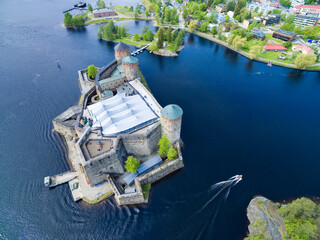 Aerial view of medieval Olavinlinna castle in Savonlinna, Finland